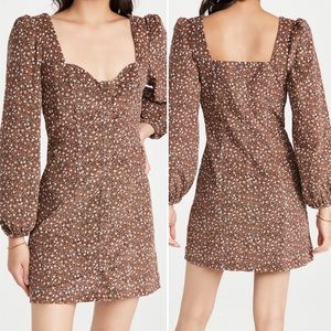 Free People Call Me Cord Mini Dress 10 brown ditzy floral corduroy puff sleeve